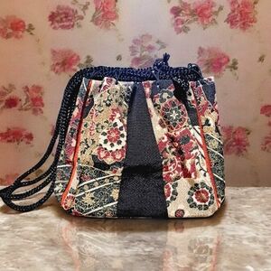 Floral Asian Print Handbag Shoulder Bag Side Drawstring Fabric 6.75"x 4.5" Purse